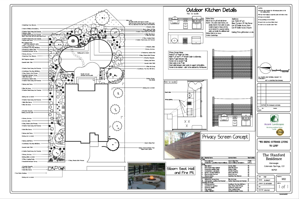 Landscape plans including Outdoor kitchen details and a privacy screen concept. Designed by the landscapers at Accent Landscape 